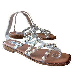 Steve Madden Skyler Sandal Tan Womens Size 8.5 Pearl Embellishment Preppy Vaca
